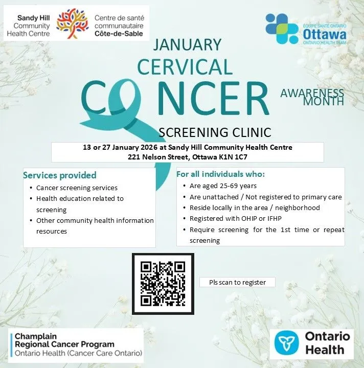 January Cervical Cancer Awareness Month screening clinic poster with dates, eligibility, services, and registration details.
