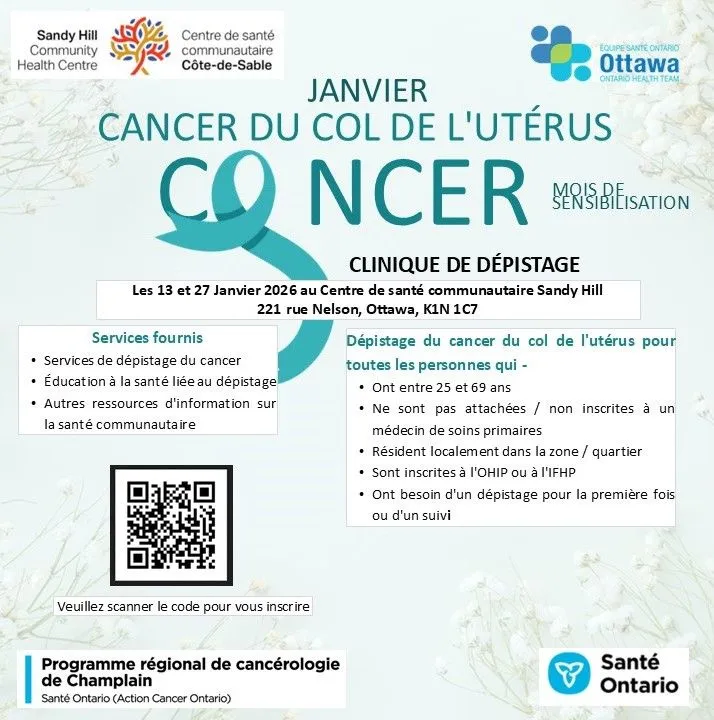 Affiche de la clinique de dépistage du cancer du col de l'utérus en janvier avec dates, critères d'admissibilité, services et détails d'inscription.